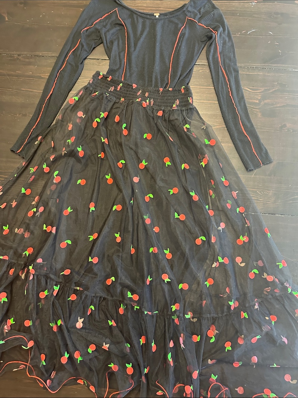 Free People Black Mesh Maxi Dress with Red Cherry Appliqué. Two pieces set.